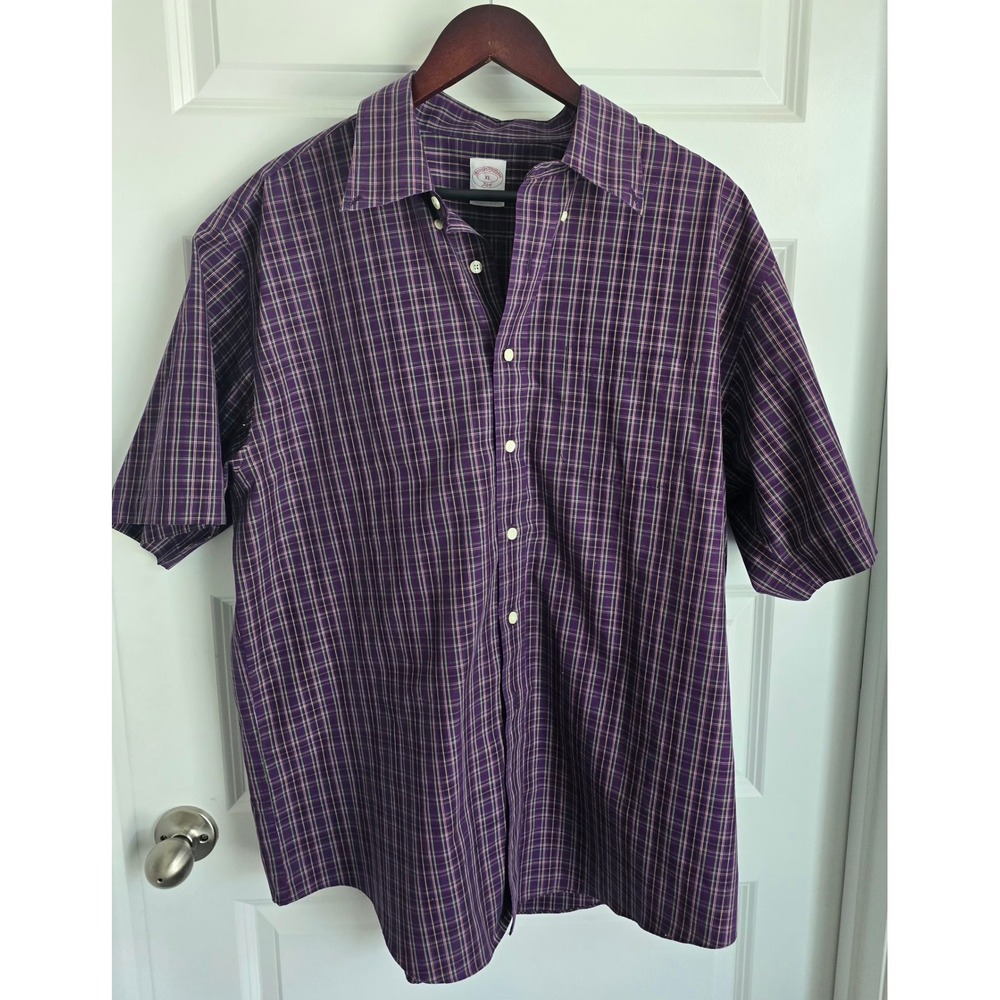 Brooks Brothers 346 Mens XL Purple Green Plaid Short Sleeve Button Down Shirt